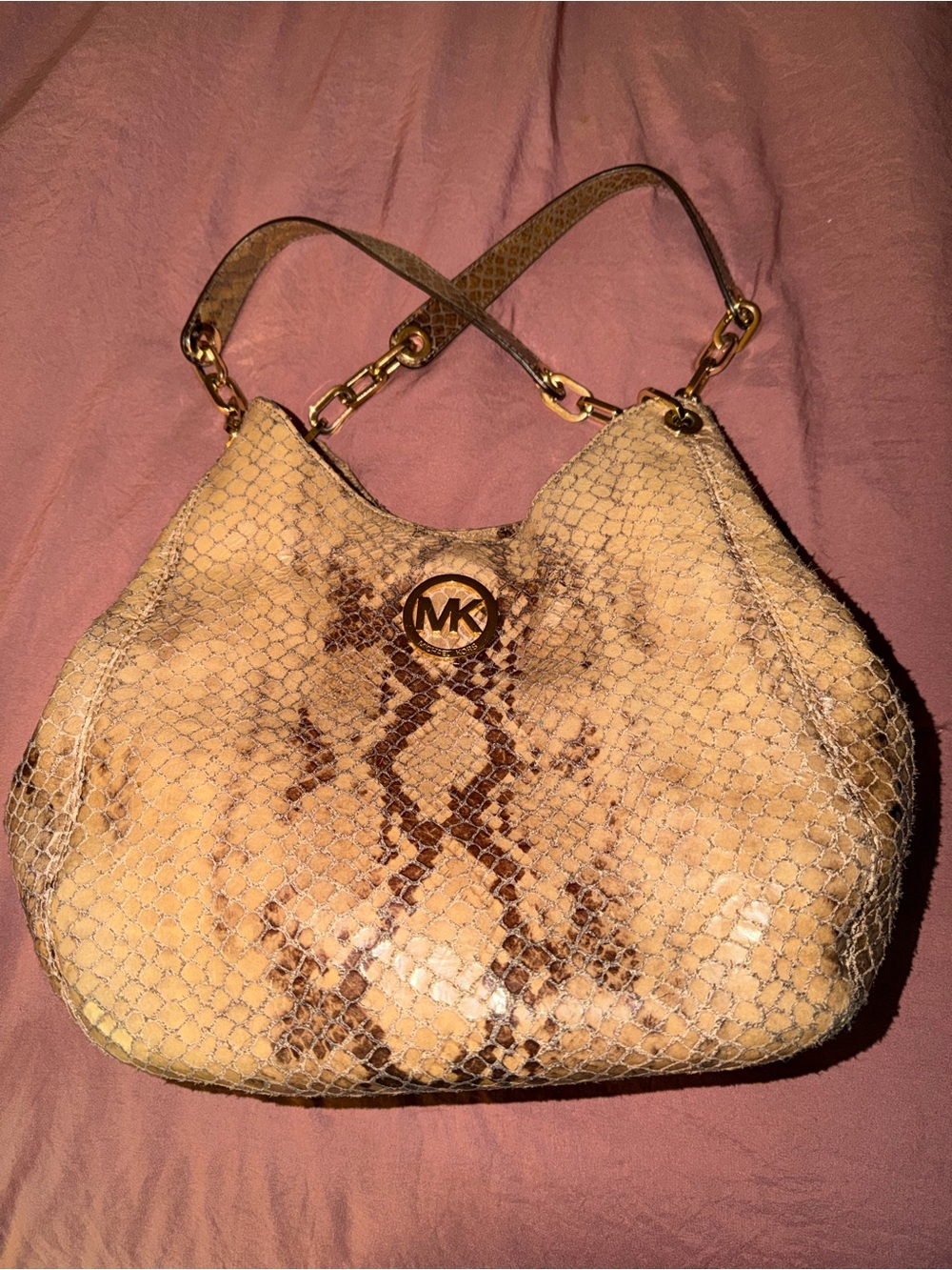 Michael Kors Beige Snake-Embossed Shoulder Bag and Wallet